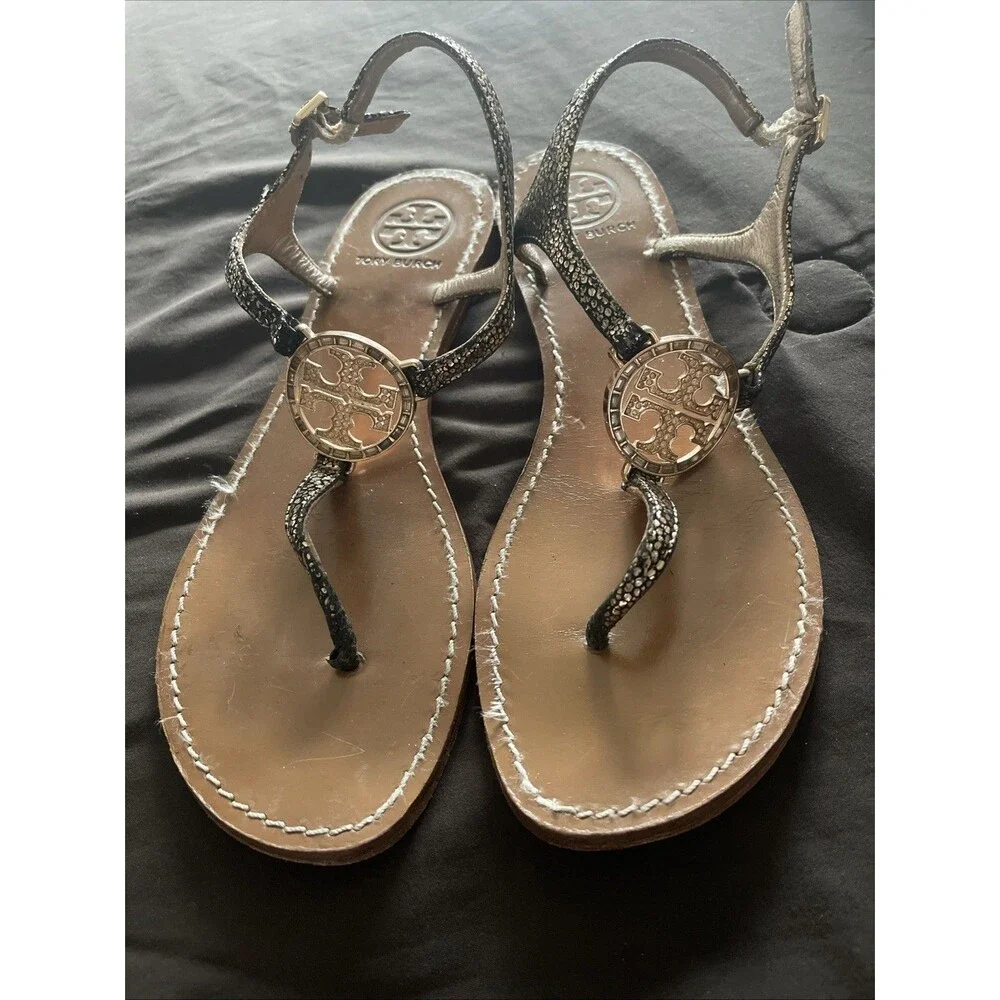 Tory Burch Sandal Women Size 8  T-Strap Thong Black /Gold Leather  Rhinestone